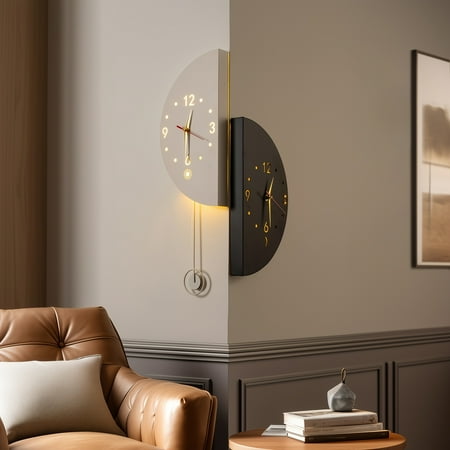 Modern Double-Sided Luminous Wall Clock with Silent Pendulum, Polished Metal Finish, Battery-Operated for Bedroom and Living Room