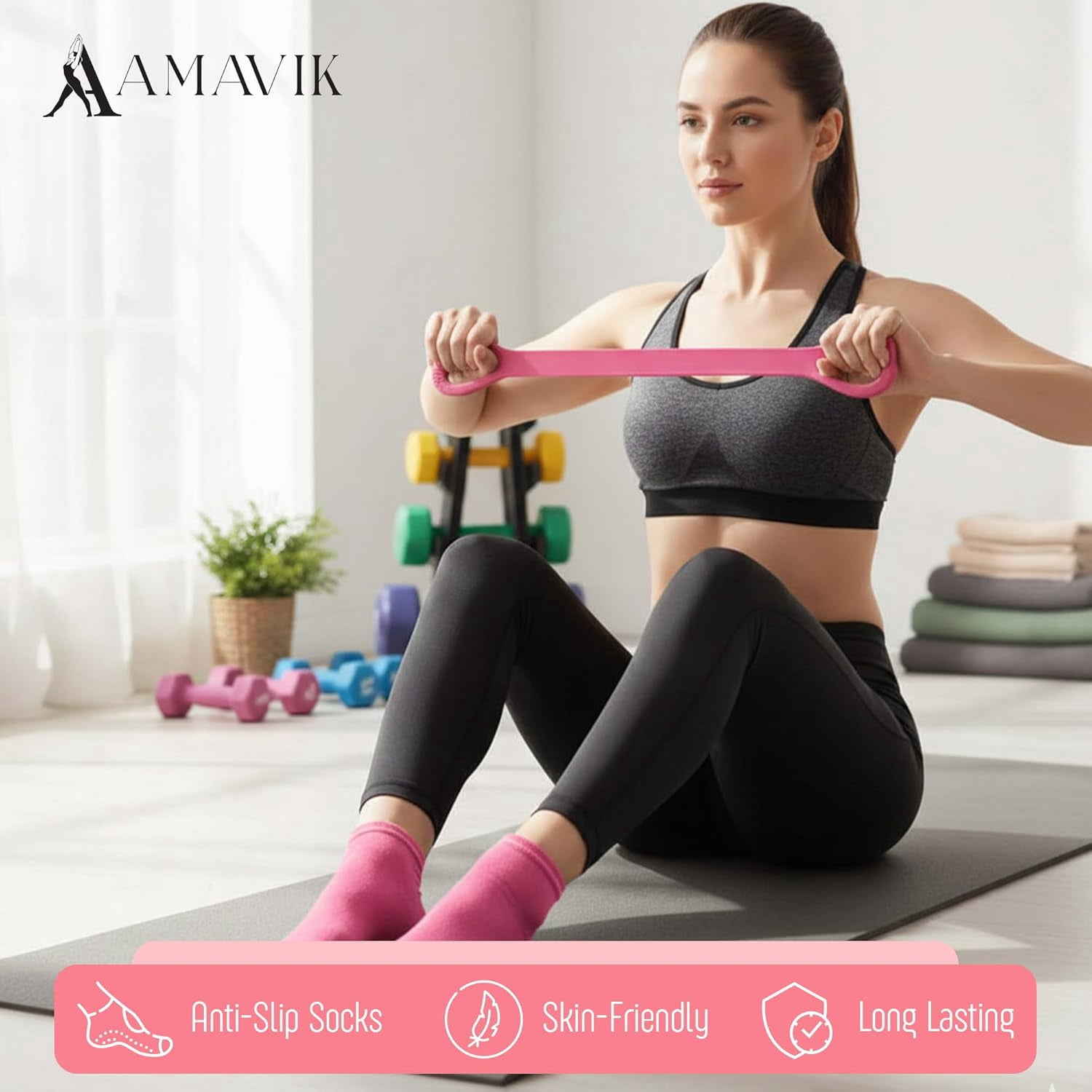 AMAVIK Pilates Kit 15-Piece Home Workout Set with 5 Resistance Bands, Pilates Ring and Ball Set with Accessories-A Complete Pilates Set for Women to Improve Strength Flexibility and Balance Body Pink