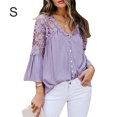 thumbnail image 2 of Sonducket Camisa de mujer con cuello en V Camisa de encaje Blusa en V Color sólido Botón de manga larga Top Prendas para la parte del cuerpo Violeta S, 2 of 6