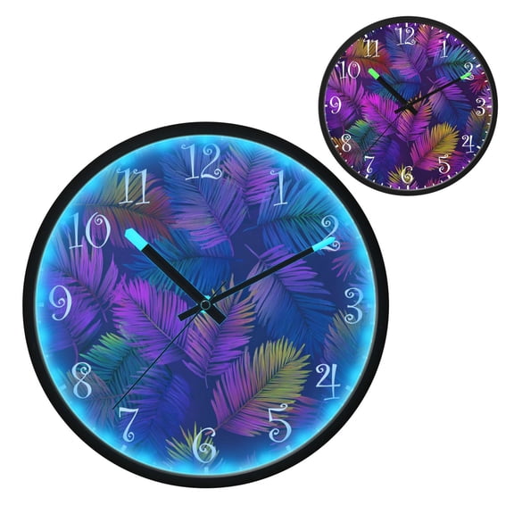 Voice Activated Clock with Glow Light 12 Inch Large Silent Wall Clock Battery Operated for Home Decor Neon Palm Leaves Pattern