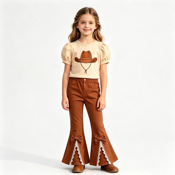 Tiijoy Girls Outfits Western Cowgirl Short Sleeve T Shirt Flared Pants Set, Sizes 9-10