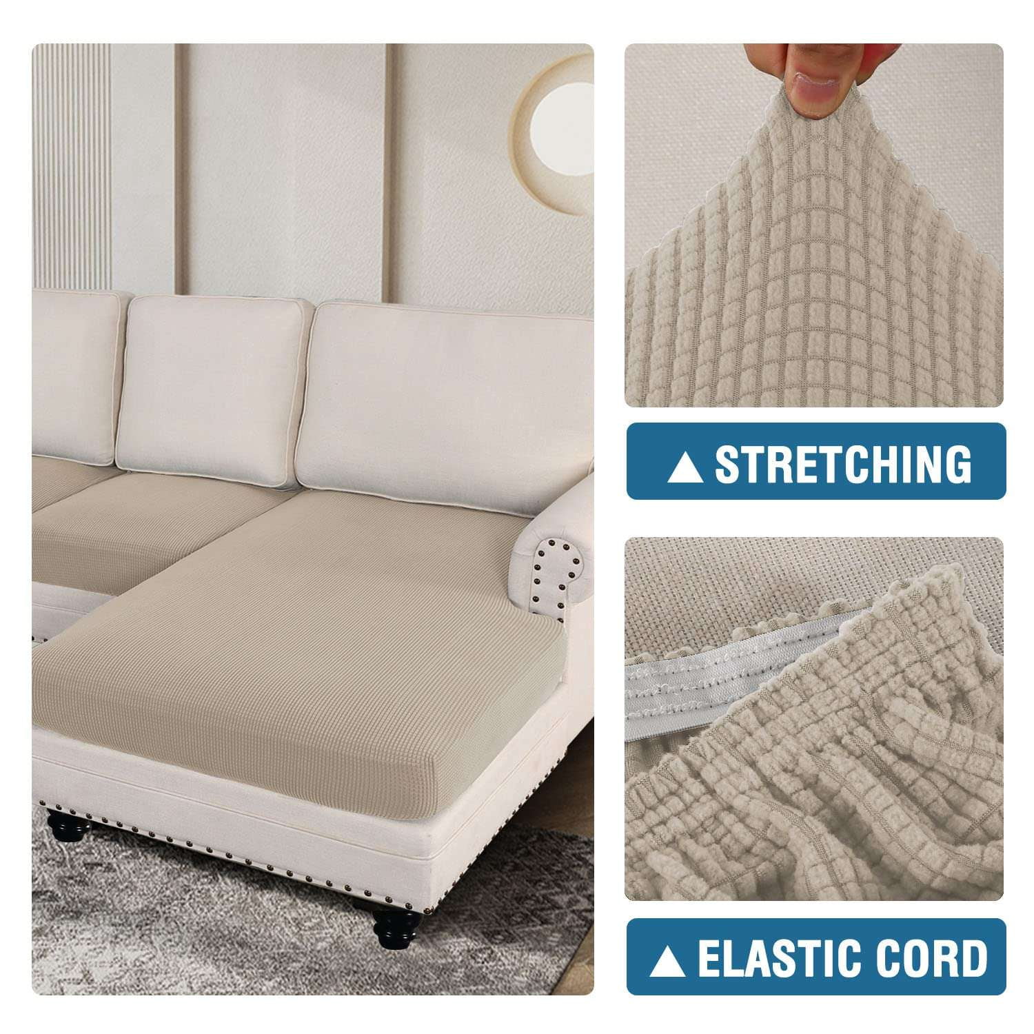 Turquoize 4-Piece Separate Slipcovers Textured Grid Polyester Blend Sectional Couch Sofa Covers for Left/Right L Shape Chaise Lounge Sofa,Island Fossi 3 Seater + 1 Chaise