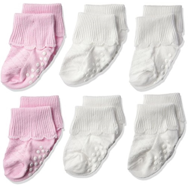 Jefferies Socks Baby Girls' NonSkid Scalloped Turn Cuff 6 Pack, White/Pink, Toddler, 37