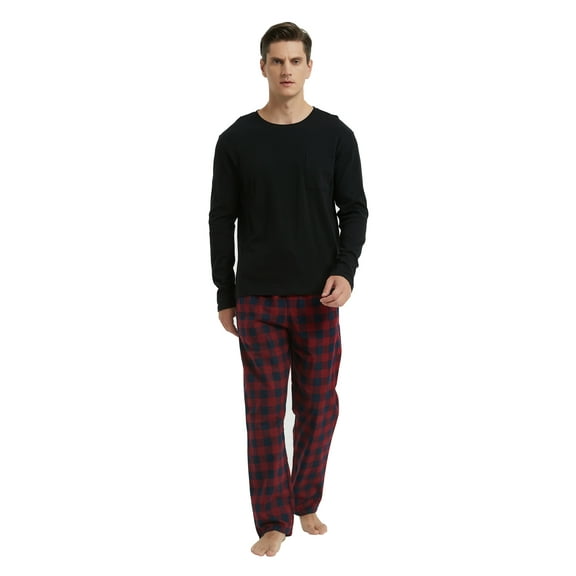GLOBAL Men 100% Cotton Pajama Set For Men Lightweight Soft Nightwear Long Sleeves PJS With Pockets