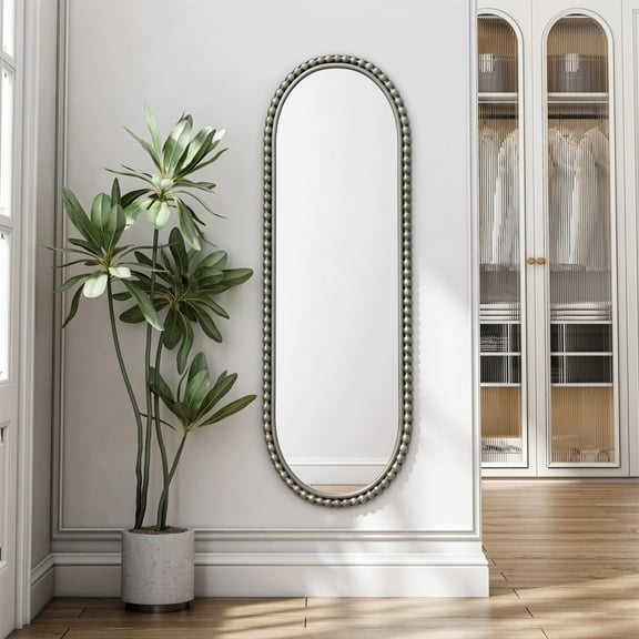 Hommoo 15" x 47" Modern Iron Art Oval Mirror, Capsule-Shaped Accent Mirror, Wall Mounted Mirror for Entryway, Living Room & Bathroom, Silver
