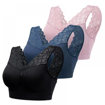 

Pretty Comy Lace Straps Sports Bras for Women M-3XL Deep V Neck Brassiere Push Up Padded Seamless Comfortable Fitness Gym Bra（3PACK）