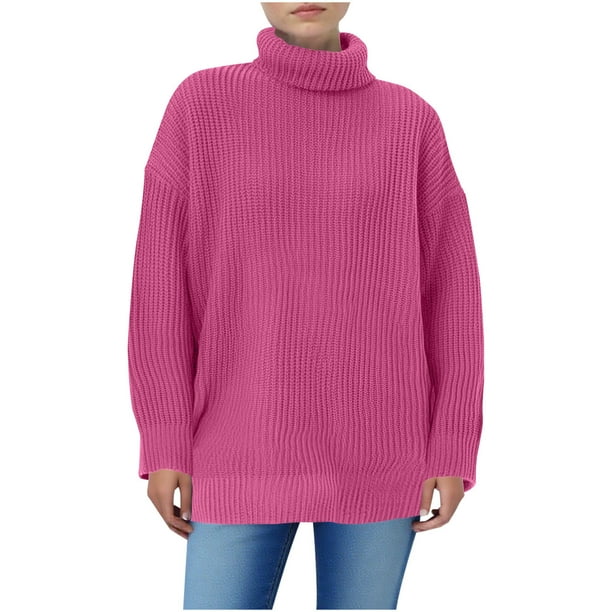 Suéter de cuello redondo para mujer, jersey de punto de color liso de manga larga y cuello alto, top para mujer