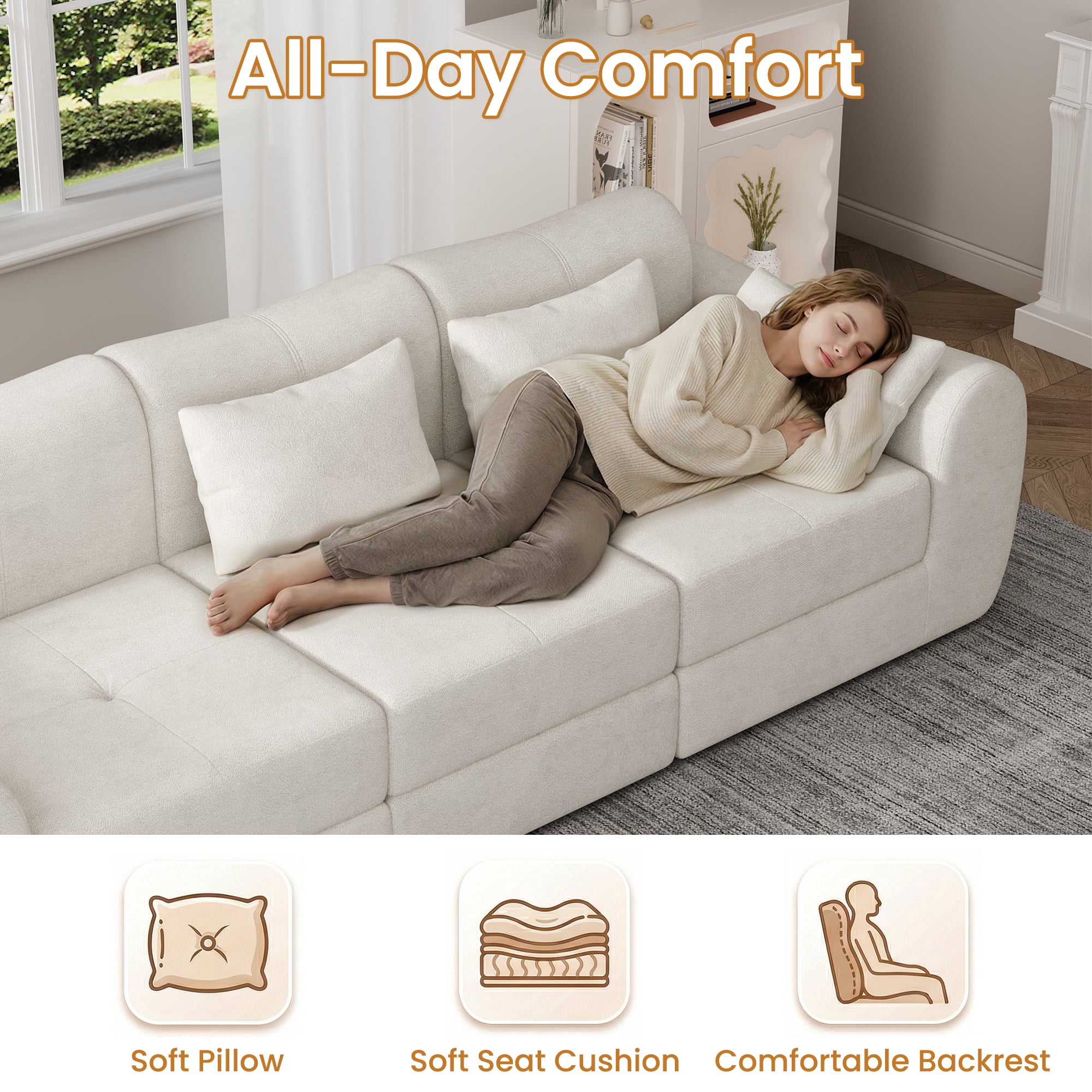 102" Cloud Sofa, 4-in-1 Folding Sofa Bed, Floor-Standing Boneless Couch, Futon Sofa Bed for Living Room, Bedroom and Entertainment Room(White)