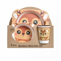 ACDANC 5Pcs/Set Bamboo Kids Dinnerware Set - Children Dishes - BPA Free Food Plate Bowl Cup Spoon Fork Set Dishware,Cartoon Tableware - Square Deer