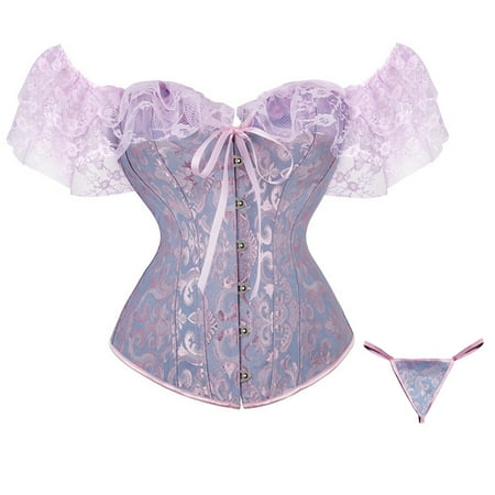 CHCNHAC Corset Lingerie for Women Satin Boned Lace Corset Shapewear Vintage Floral Trim Waist Cincher Plus Size Steampunk Costume Light Blue 2XL