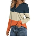 thumbnail image 4 of Women's Long Sleeve Shirts Striped Color Block V-Neck Blouse Tunic Loose Fit Casual Henley Shirt for Fall Comfy Tops, 4 of 5