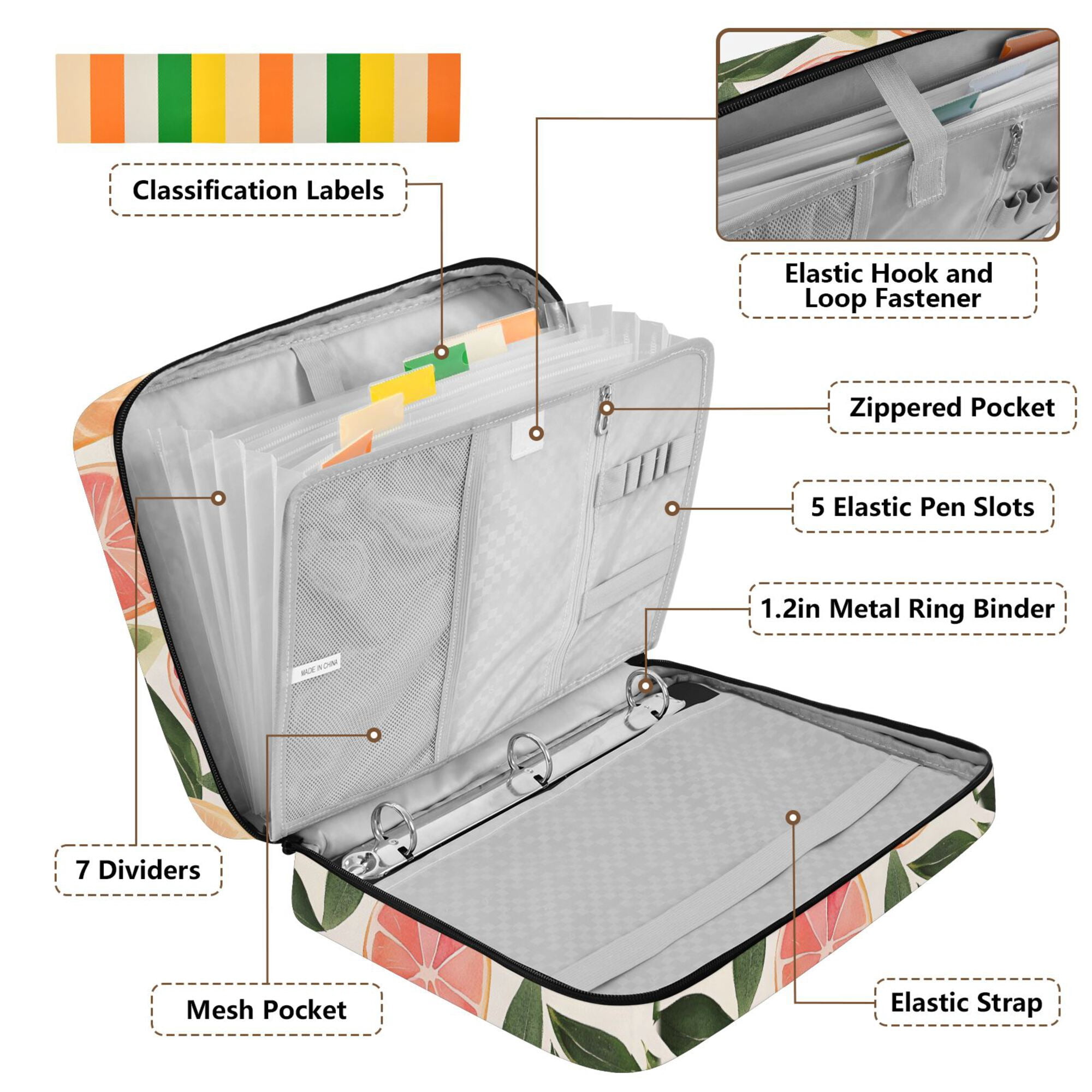 FORMRS Accordion File Folder A4 Size 7-Pocket Expanding Document Organizer Bag with 3 Ring Binder, Watercolor Grapefruit