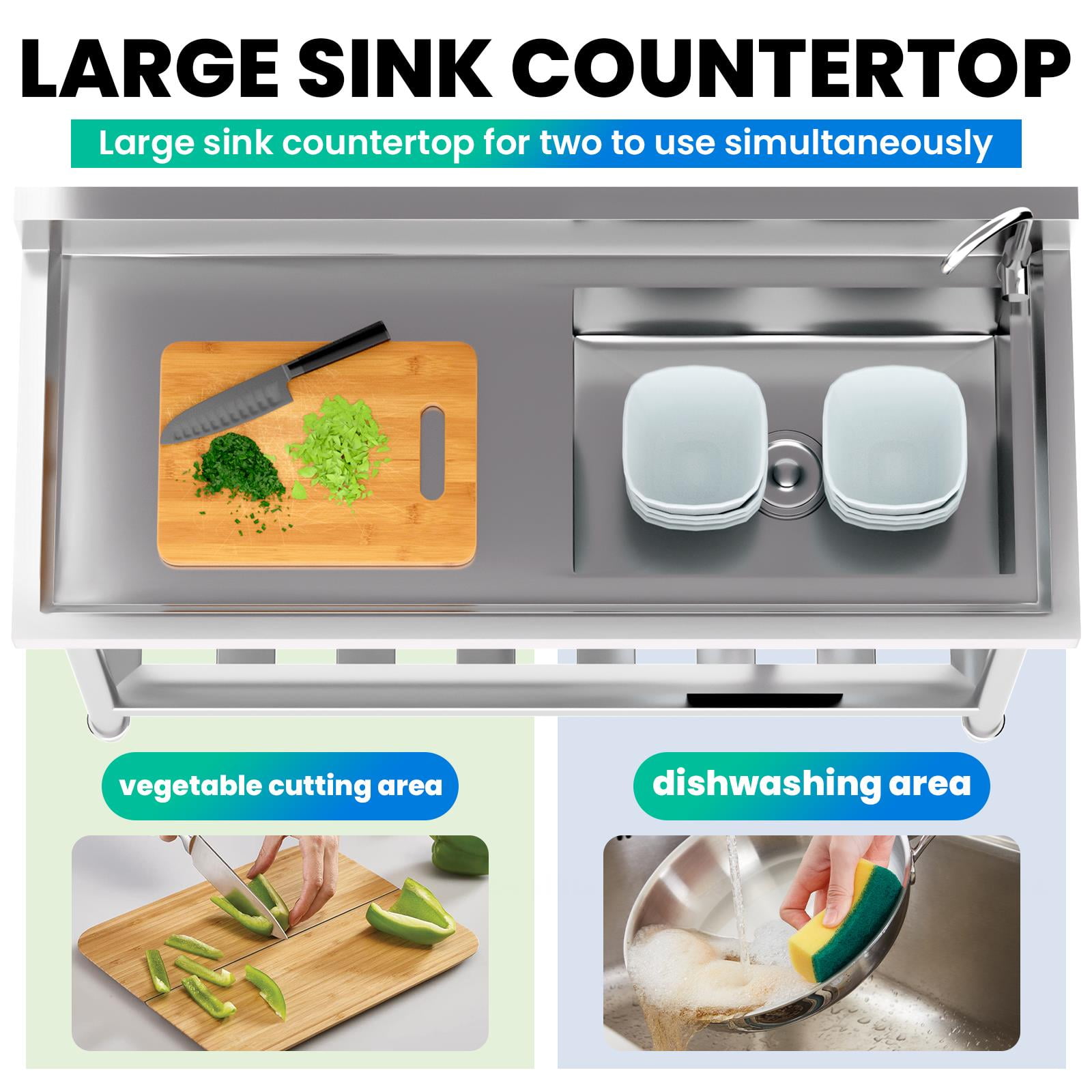 300lbs Free Standing Sink Two hot and cold water pipes, Utility Sink With Large Space Storage Rack, Stain-Resistant Commercial Kitchen Sink for Kitchen