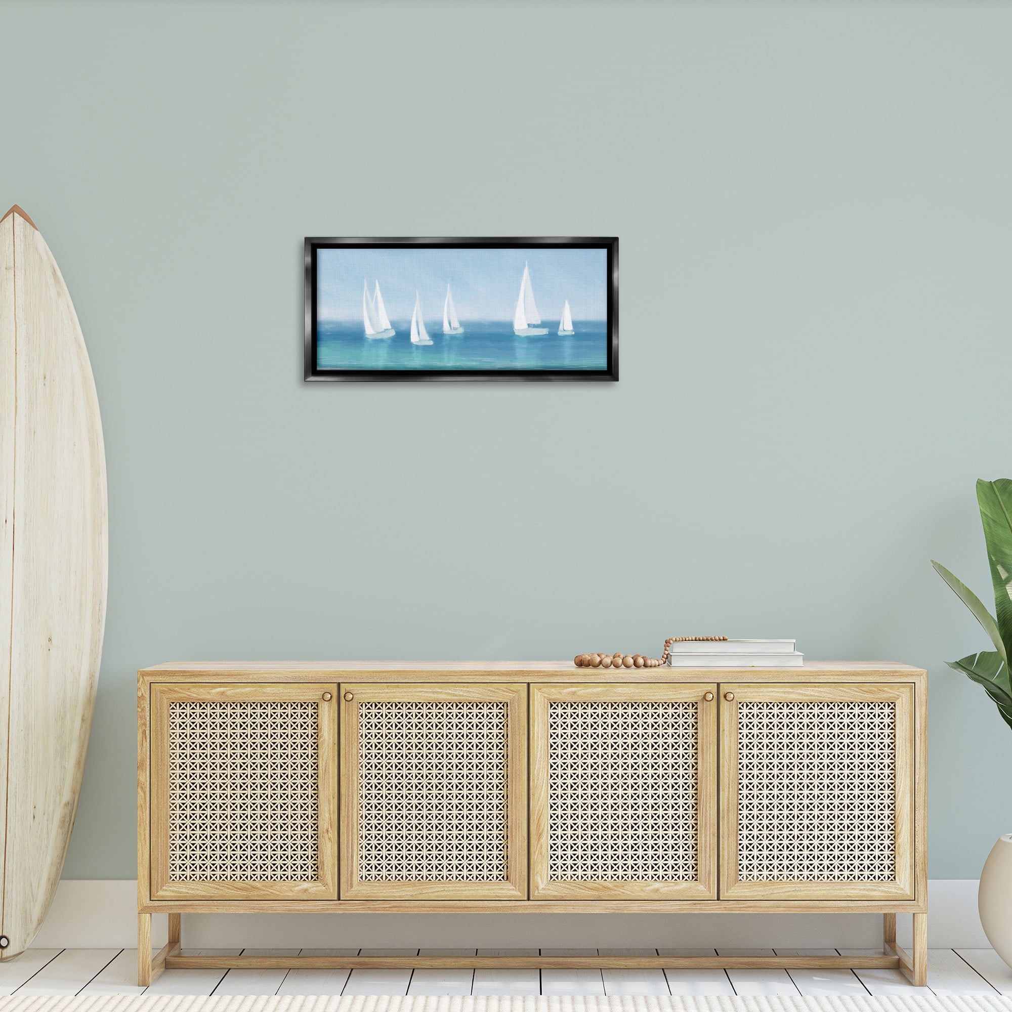 Stupell Industries White Sail Boats Across Coast Nature Painting Black Floater Framed Canvas Art Print Wall Art, 31 x 14