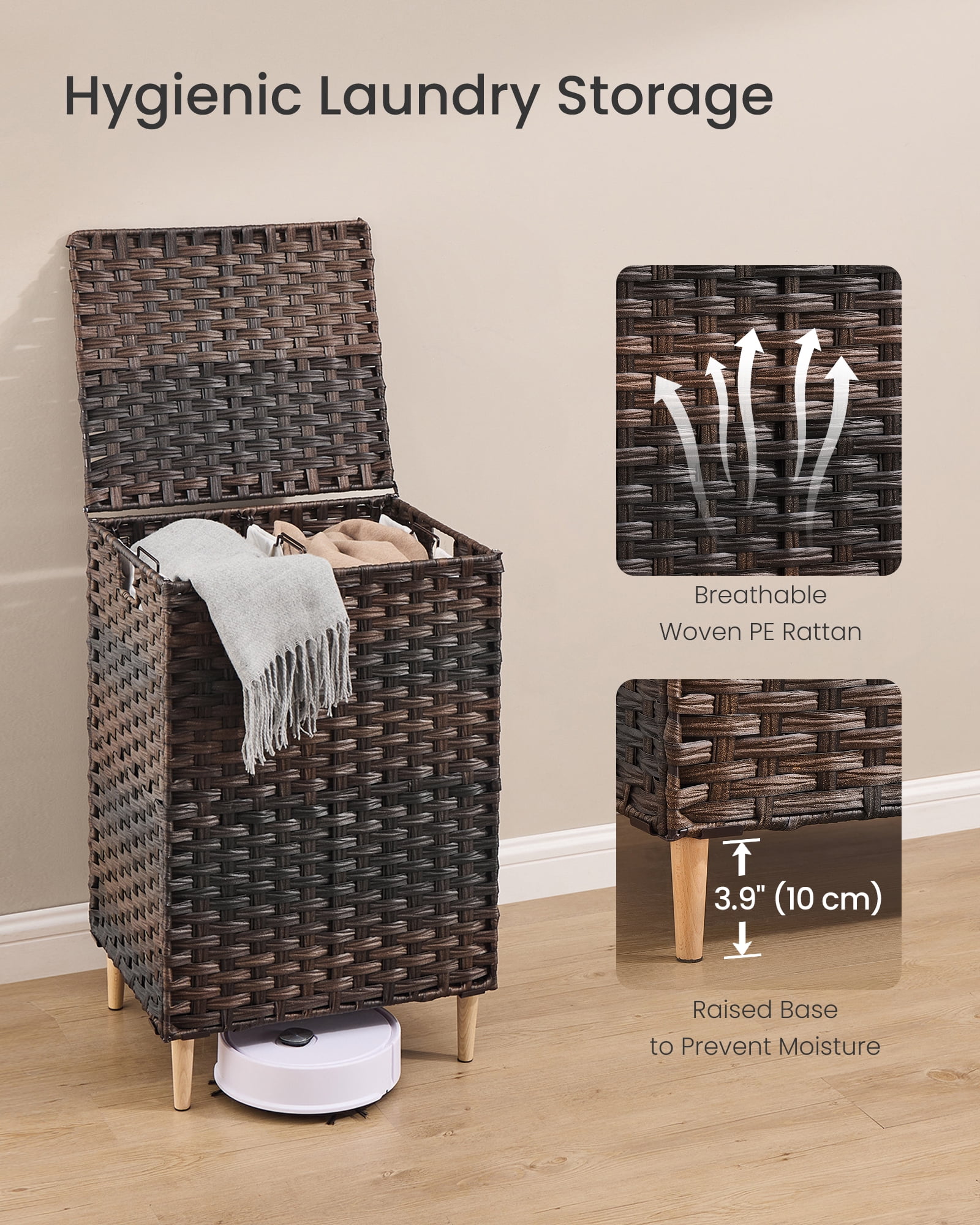 SONGMICS Laundry Hamper with Lid, PE Rattan Laundry Basket with Removable Liner, 2-Section Sorter, 29 Gallons (110 L), Chestnut Brown