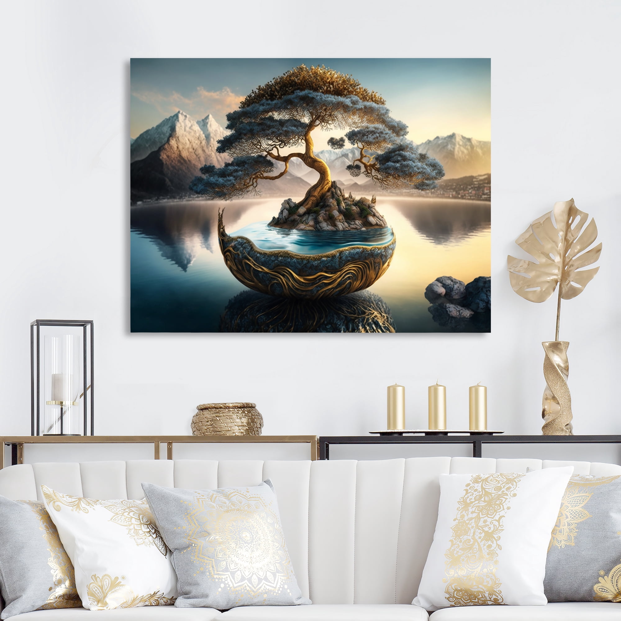 Designart Golden Bonsai Tree Canvas Wall Art