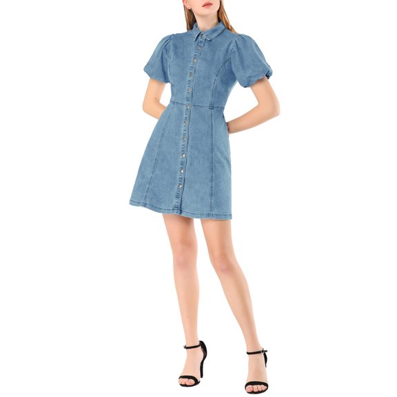INSPIRE CHIC Women's Denim Dress Puff Short Sleeve Button Shirt Dresses