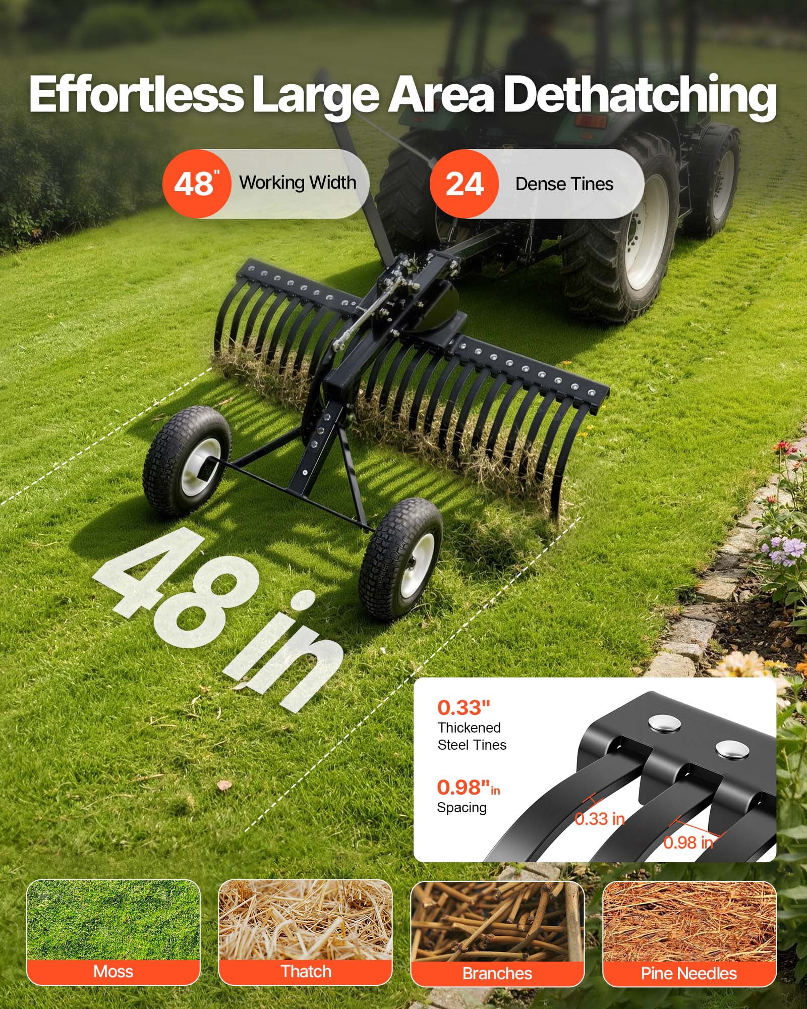 VEVOR 48in Landscape Rake, Pull Behind Lawn Rock Rakes for ATV Mower Tractors, 24 Durable Steel Tines, Adjustable Height & Angle, Heavy Duty Dethatcher Rake for Leaves Debris