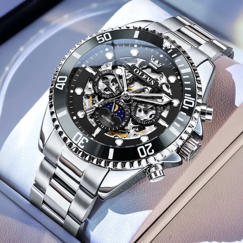 OLEVS Automatic Watches for Men Skeleton Self Winding Mechanical Fashion Dress Chronograph Moon Phase Stainless Steel Waterproof Luminous Mens Wrist Watches Gift Reloj Para Hombre