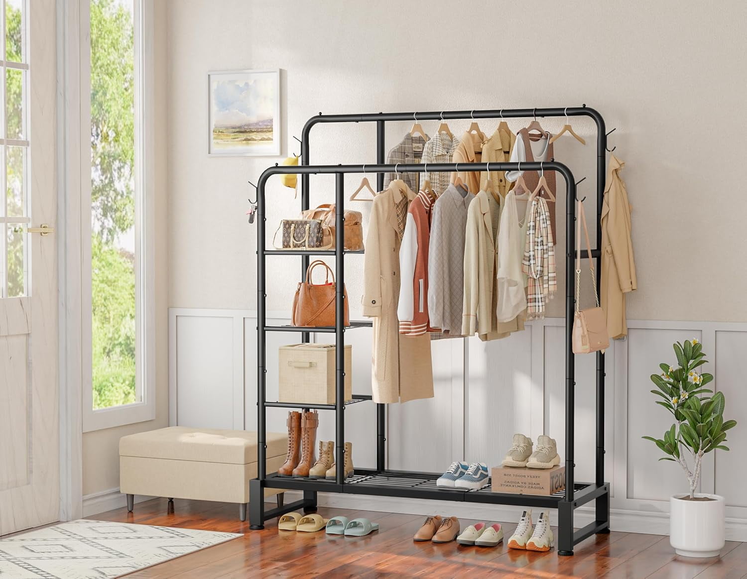 Double Rods Clothes Rack Clothing Rack with  Storage Shelves Clothes Rack for Hanging Clothes Multifunctional Heavy Duty Clothes Organizer with Hooks for Bedroom,Wardrobe Closet,Shop