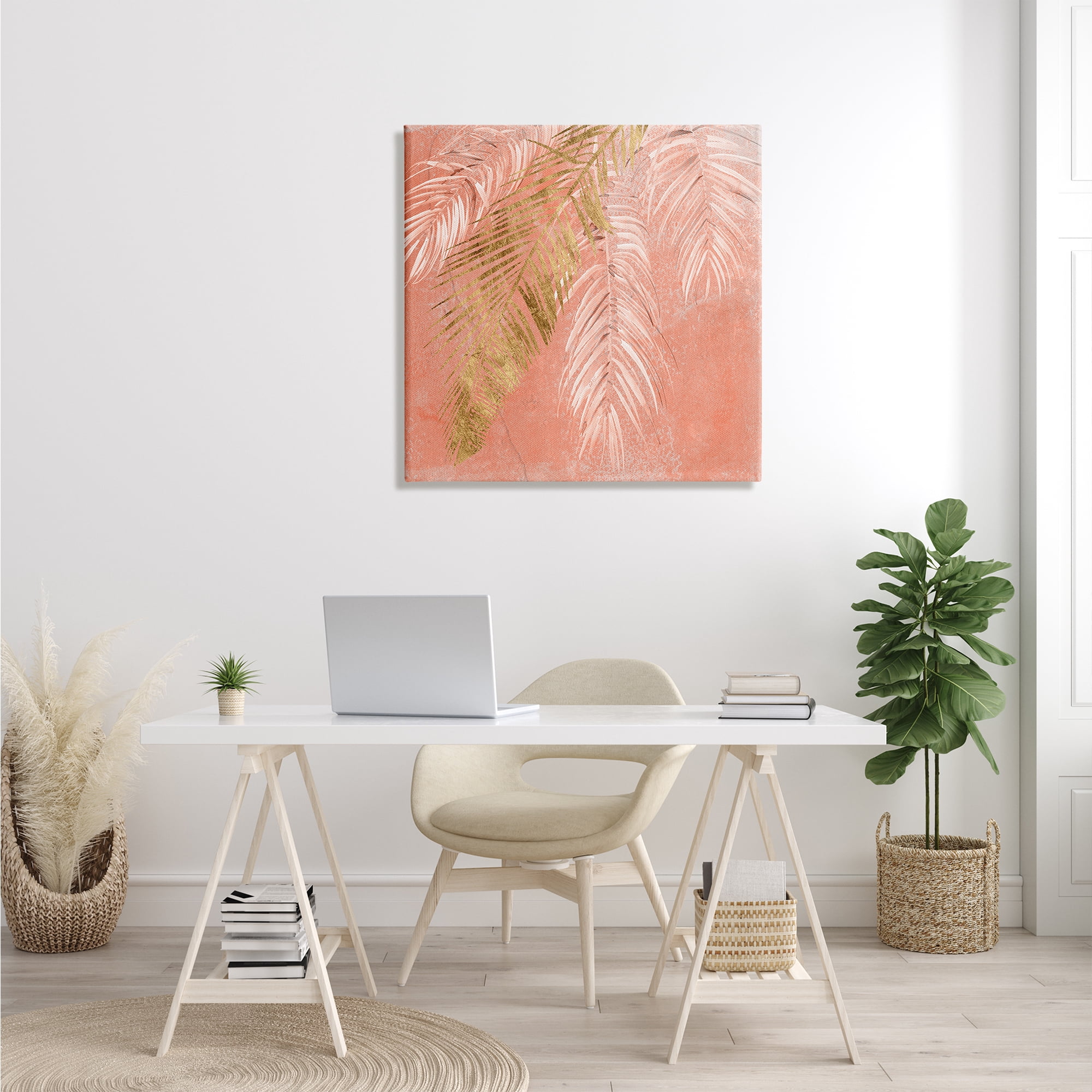 Stupell Industries Pink Palm Fronds Distressed Tropical Plant Still Life Landscape Painting Gallery Wrapped Canvas Print Wall Art, 30 x 30