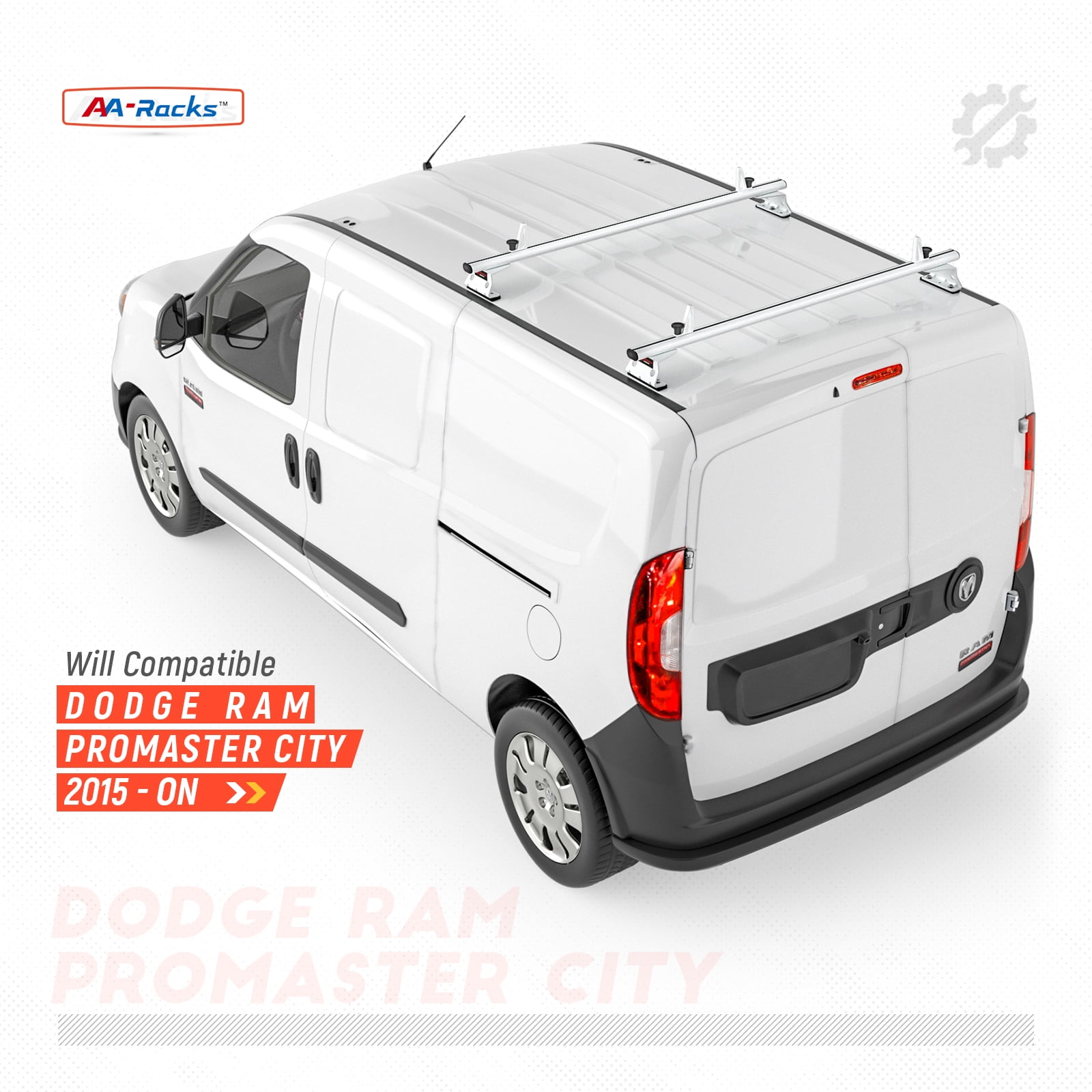 AA-Racks Model AX312-PR RAM ProMaster City 2015-On Aluminum 2 Bar (50") Van Roof Rack System w/ Ladder Stopper White