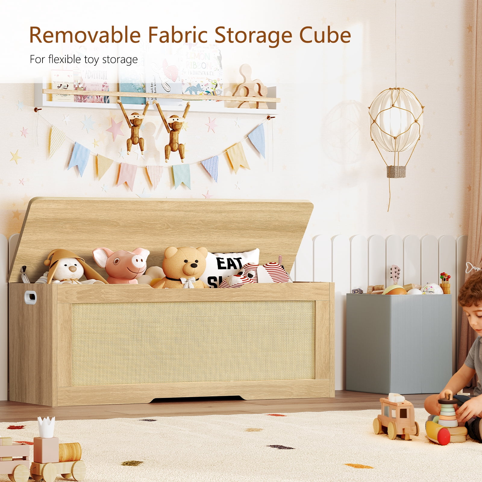 TEENFON 47.24" Toy Storage Box, Storage Chest, Storage Trunk with 2 Safety Hinges, 47.2'D x 15.7''W x 19.4''H, Toy Chest, Natural