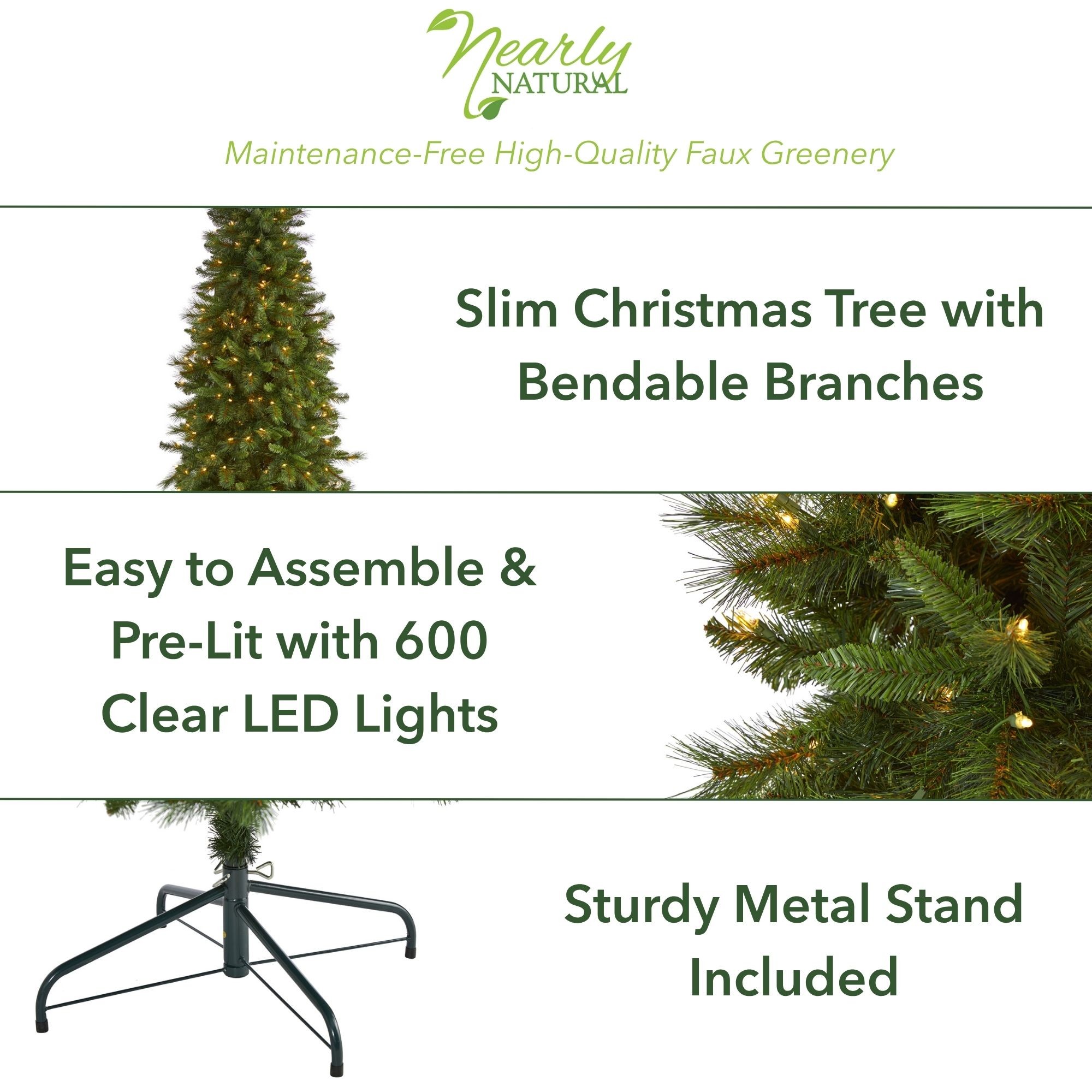 Nearly Natural Clear Prelit 600 LED Green Holiday Slim West Virginia Mountain Pine Artificial Christmas Tree, with 1359 Bendable Branches 9'