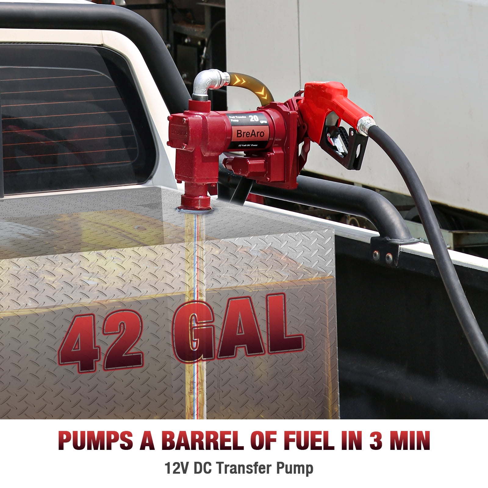 Fuel Transfer Pump 12V 20 GPM with Auto Off Nozzle, Cast Iron Heavy Duty Pump for Gas, Diesel, Kerosene, Biodiesel, Red