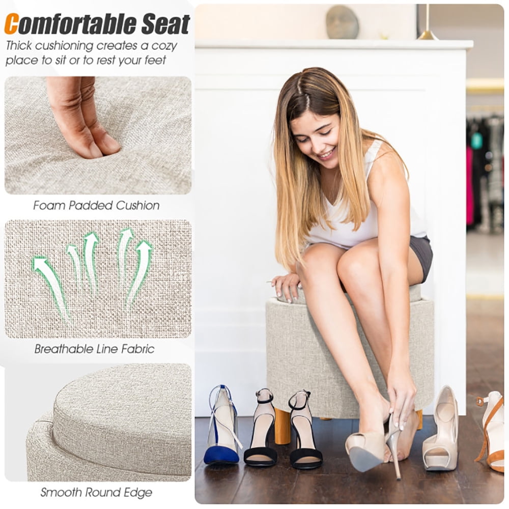 Finihen Round Fabric Storage Ottoman, Footrest Stool, Vanity Chair, Storage Ottoman with Tray and Non-Slip Pads, for Living Room, Bedroom, Beige Finihen Round Fabric Storage Ottoman, Footrest Stool, Vanity Chair, Storage Ottoman with Tray and Non-Slip Pads, for Living Room, Bedroom, Beige