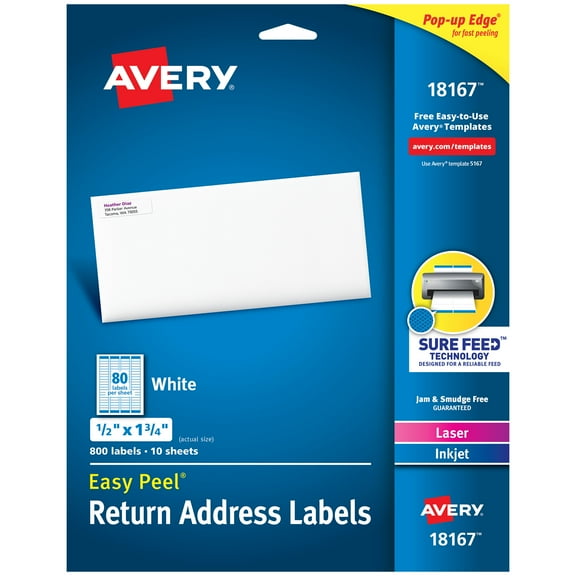 Avery Easy Peel Return Address Labels, 1/2"x1-3/4", 800 Labels (18167)
