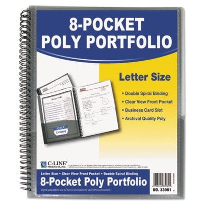 C-Line 8-Pocket Spiral-Bound Poly Portfolio, Letter Size, 1 Portfolio, Smoke Gray (33081)