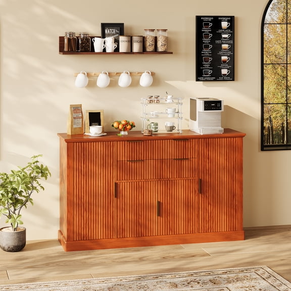 58-inch Fluted Buffet Cabinet with Drawers, Doors & Gold Pulls, Modern Farmhouse Storage Sideboard for Dining Living Room