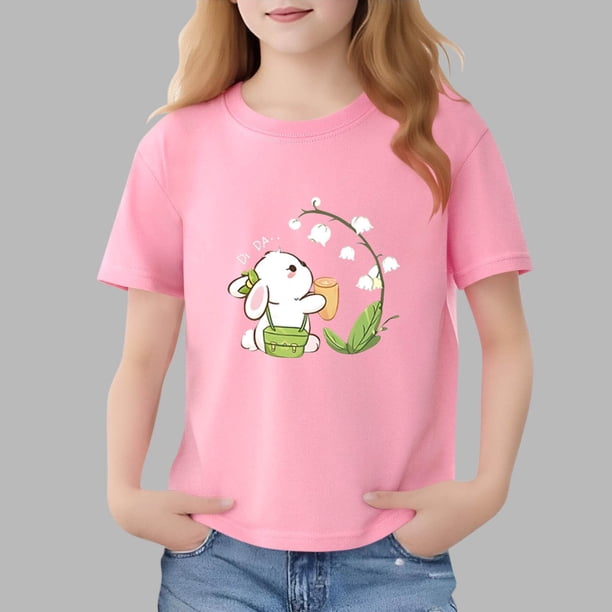 Blusas y camisas de manga corta con cuello redondo para niños Camiseta de verano de manga corta estampada para niñas Jersey elegante de cuello redondo para niñas Top de algodón para niños