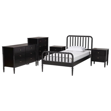 Baxton Studio Lucera Mid-Century Black Full Size 5-Piece Bobbin Bedroom Set