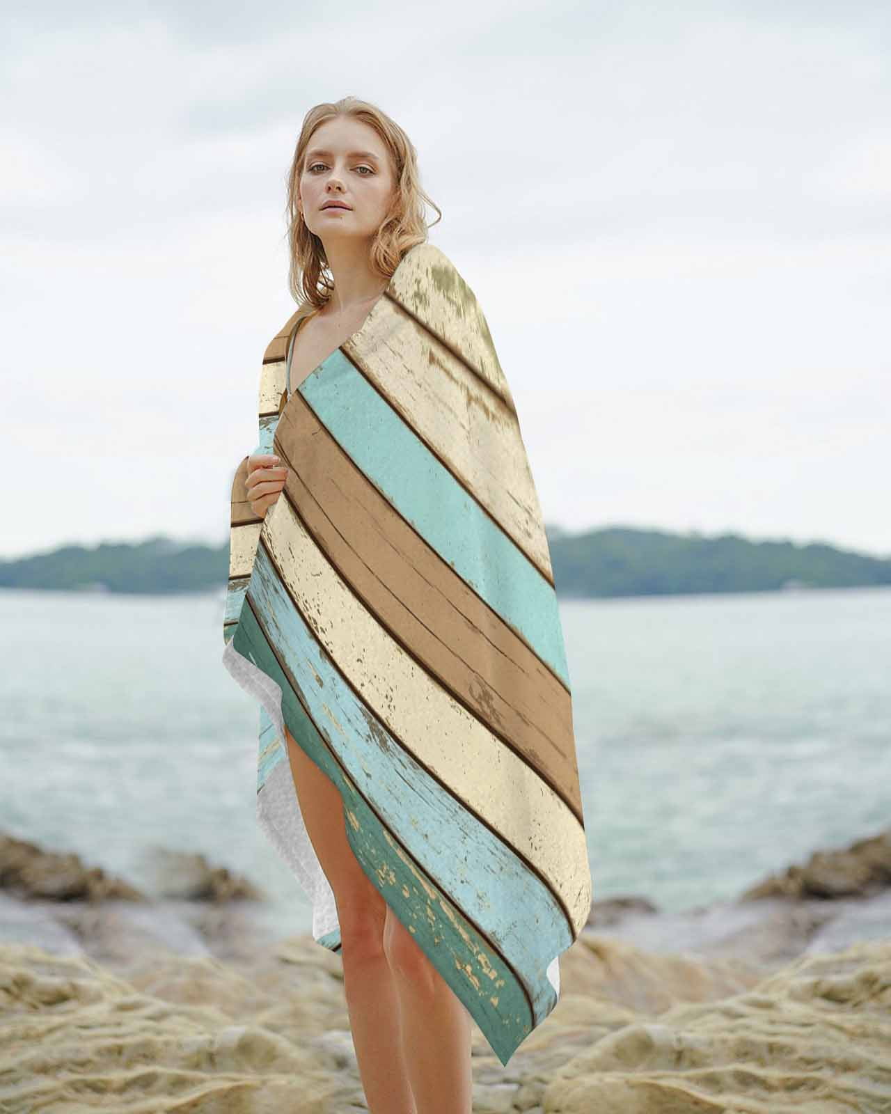 Farmhouse Teal Brown Beach Towels Oversized Super Absorbent, Ombre Wooden Vintage Lightweight Bath Towel Quick Dry Sets For Bathroom/Pool/Rv Camping/Beach Play/Gym Room/Picnic 30"x60"