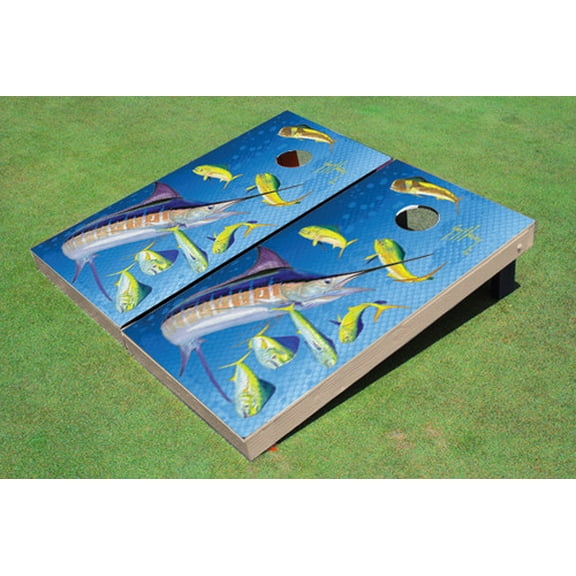 Custom Guy Harvey Mahi Skin with Marlin Cornhole Boards