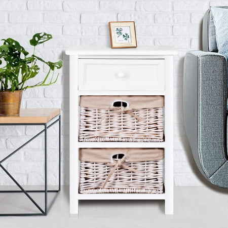 - Costway White Night Stand 3 Tiers 1 Drawer Bedside End Table Organizer Wood W/2 Baskets