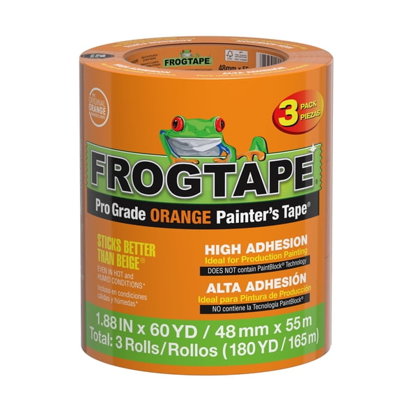 FrogTape ProGrade Orange Painters Tape, 2 Inch Wide (1.88 in. x 60 Yds), High Adhesion, Paint Tape for Indoor & Outdoor Applications, Orange, 3 Rolls (105673)