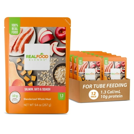 Real Food Blends Salmon, Oats & Squash - Pureed Food Meals for Tube Feeding with Protein, Vegetables & Fruits - 330 Calories for Lunch & Dinner - 9.4 oz (Pack of 12)