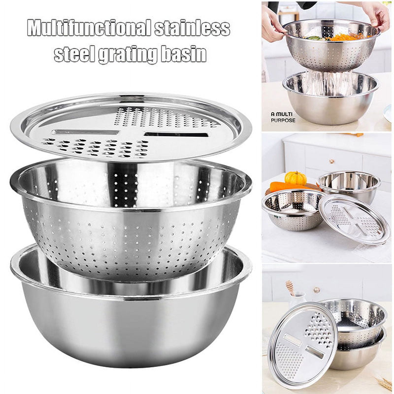 Multifunctional Vegetable Cutter,Stainless Steel Drain Basket, Kitchen Tool  Veggie Cheese Shredder Grater Set with 7 Dicing Blades Salad Maker Bowl