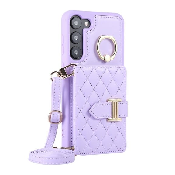 ELEHOLD Wallet Crossbody for Samsung Galaxy S22 Plus Case with Lanyard Wrist Strap Credit Card Holder, PU Leather Protective Phone Case with Ring Holder,Purple