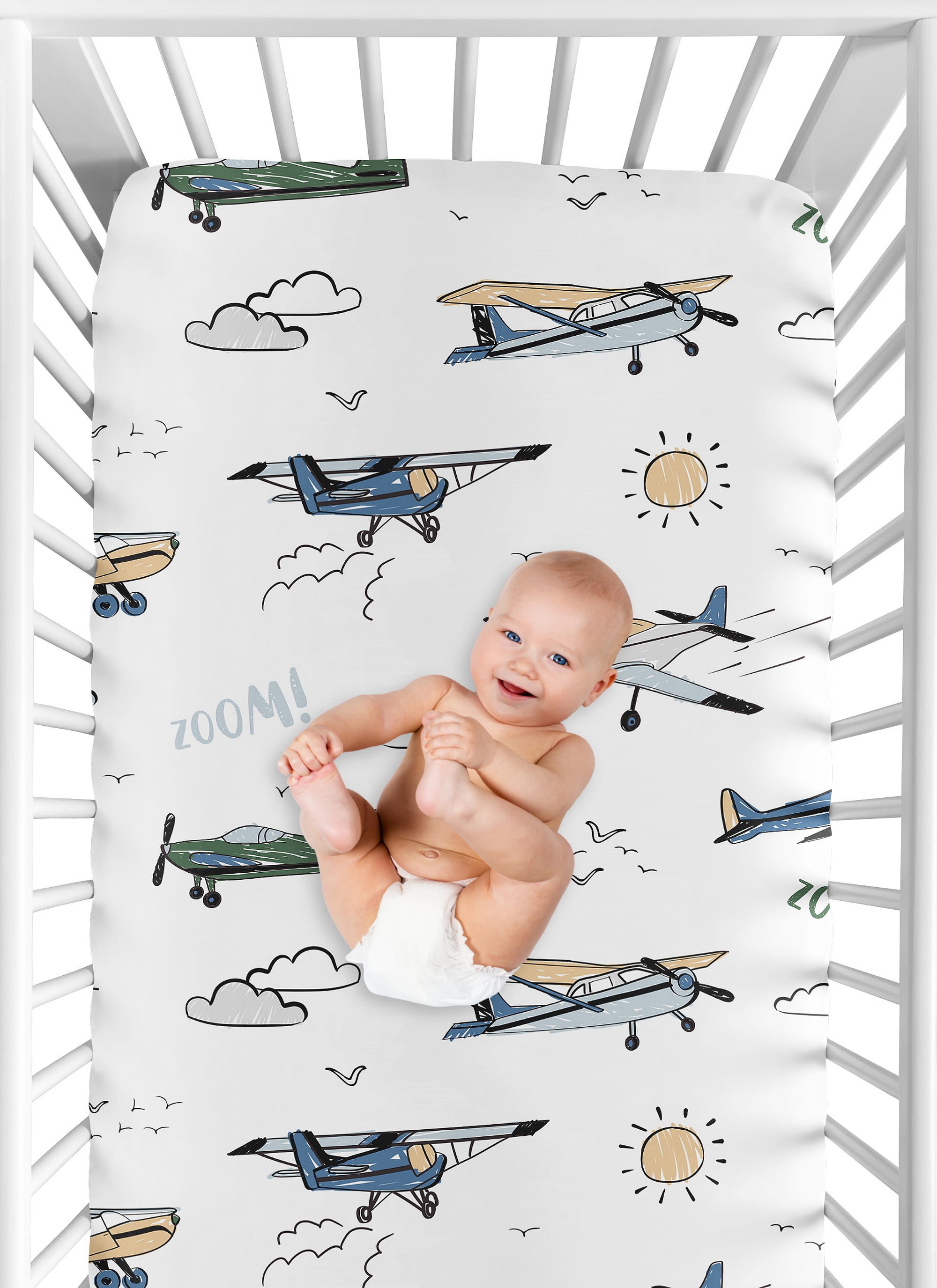 Sweet Jojo Designs Airplane Green and Blue Boy Fitted Crib Sheet