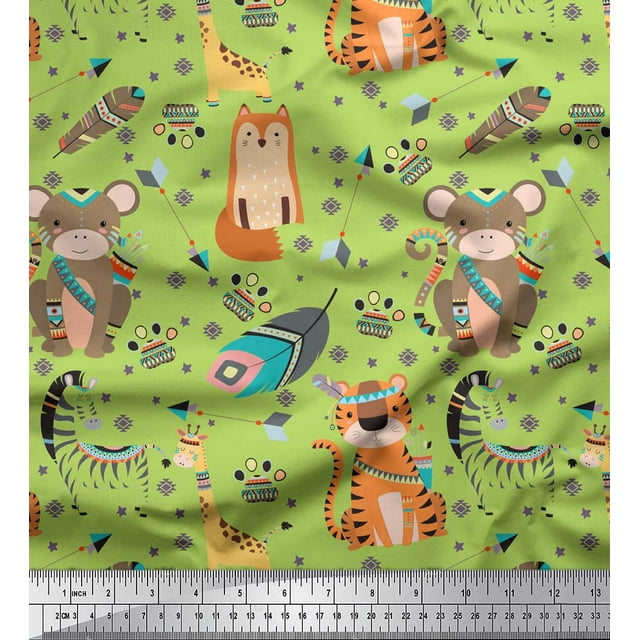 Soimoi Green polyester Crepe Fabric Feather & Animals Tribal Print Fabric by Yard 52 Inch Wide