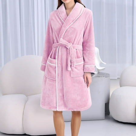 Women s Long Sleeve Flannel Bandage Robe Bathrobe with Pockets and Waist Belt  Elegant and Sexy Sleepwear Gown for Honeymoon  Wedding Night  Lingerie Party  Valentine s Day  Size M/XL/3XL