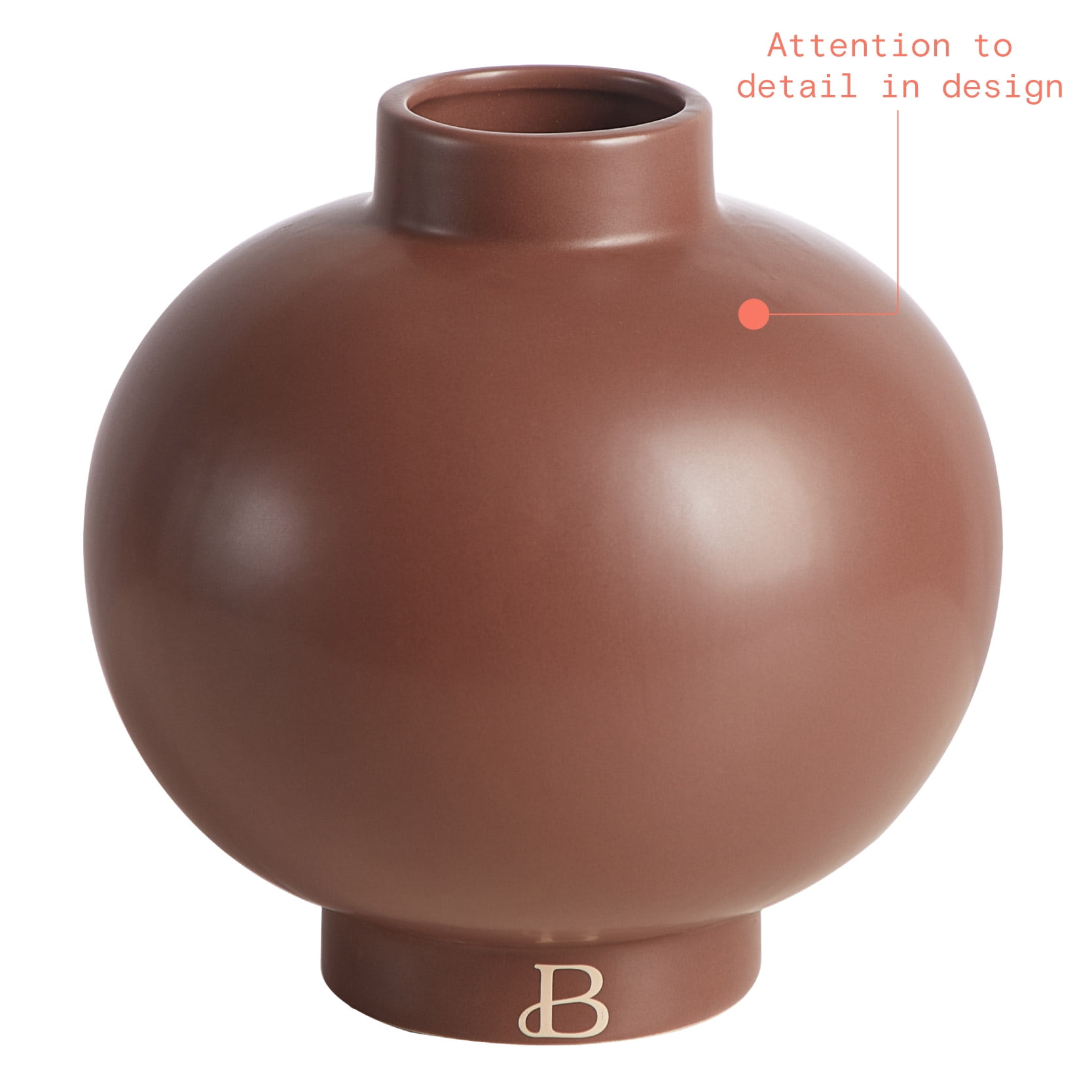 Beautiful Solid Cognac Brown Round Ceramic Vase by Drew Barrymore, 7.5" x 7.5" x 7.5"