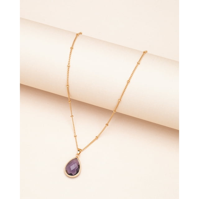 Collier en Forme de Goutte d'Eau avec Pierre de Naissance Améthyste de Février Goldtone