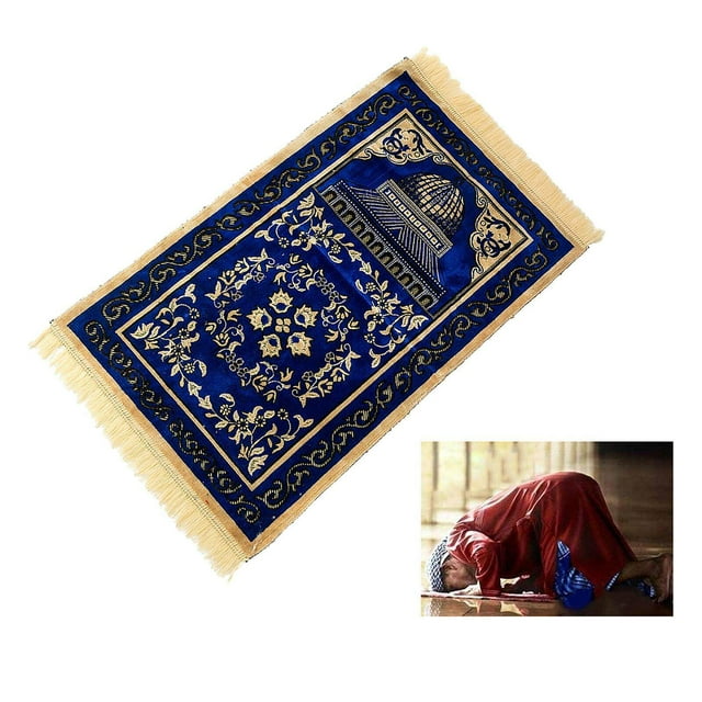 Maoww Muslim Prayer Rug Eid Embroidery Tapestry Carpet Non-Slip Mat Blue