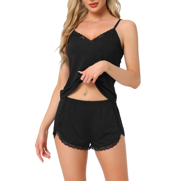 Conjuntos de pijama para mujeres INSPIRE CHIC para el Día de la Madre, ropa de noche sin mangas, top de tirantes de punto acanalado con encaje y pantalones cortos, trajes de lencería, color negro