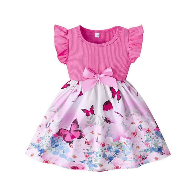 Robes Décontractées pour Bébés Filles Été Imprimé Floral Papillon Col Rond Manches à Volants Robe Quotidienne, Rouge, 12-18 Mois